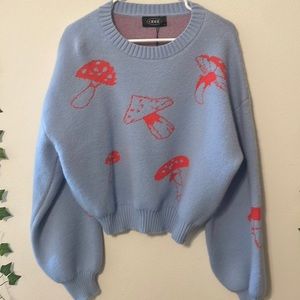 A Cider, mushroom pattern sweater, size large